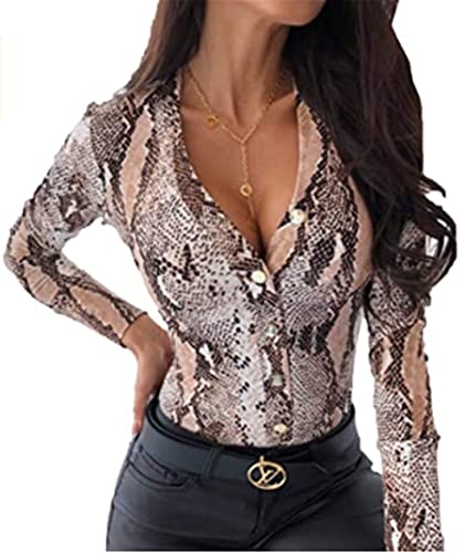 Siyova Body para mujer de primavera y otoño, sexy, de manga larga, cuello en V, corte ajustado, parte superior de una pieza, piel de serpiente, leopardo, caqui, L