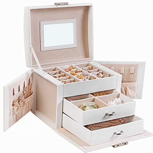 SONGMICS Caja de Joyería, Estuche de Viaje, Portátil, Organizador de Joyas con Cerradura con 2 Cajones, Espejo17,5 x 13,5 x 12 cm, Blanco JBC154W01