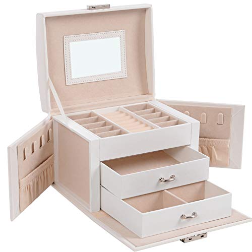 SONGMICS Caja de Joyería, Estuche de Viaje, Portátil, Organizador de Joyas con Cerradura con 2 Cajones, Espejo17,5 x 13,5 x 12 cm, Blanco JBC154W01