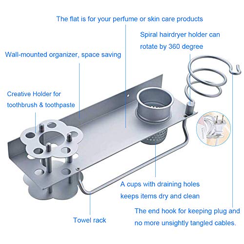 Soporte de pared para secador de pelo, toalla, cepillo de dientes y pasta de dientes, perfume, organizador de almacenamiento, estante para colgar, organizador de baño con soporte para toallas