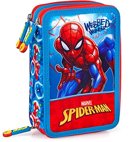 Spiderman - Estuche escolar original con 3 cremalleras con 44 piezas (rojo/azul).