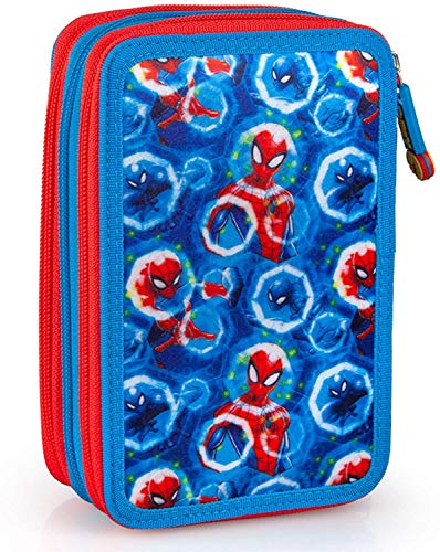 Spiderman - Estuche escolar original con 3 cremalleras con 44 piezas (rojo/azul).