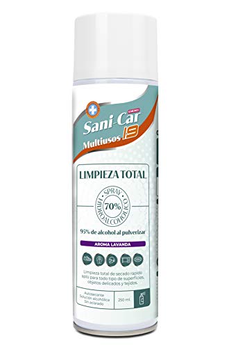 Spray HIGIENIZANTE Aroma Lavanda, DESINFECTA EL Interior del VEHÍCULO Y Todo Tipo DE Superficies Y Tejidos, 95% DE Alcohol 250ML