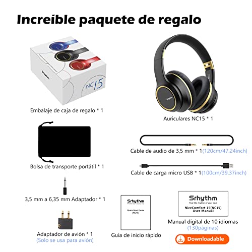 Srhythm NC15 Auriculares con Cancelación de Ruido Inalámbrico Bluetooth 5.0, Over-Ear Plegable con Micrófonos para Clase en Línea/Oficina en el hogar/TV/PC/Teléfono (Negro Frío)