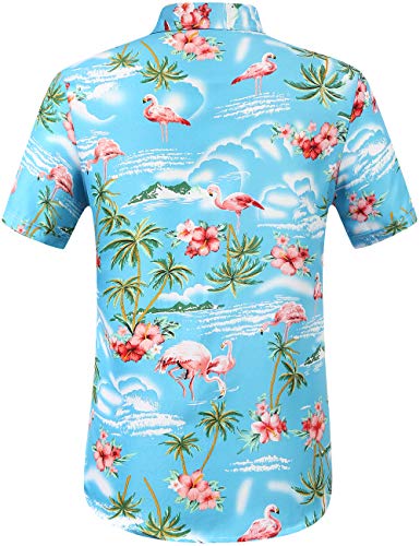 SSLR Camisa Manga Corta con Estampado de Flamencos y Flores Estilo Hawaiana de Hombre (Large, Azul)