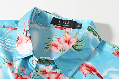 SSLR Camisa Manga Corta con Estampado de Flamencos y Flores Estilo Hawaiana de Hombre (Large, Azul)