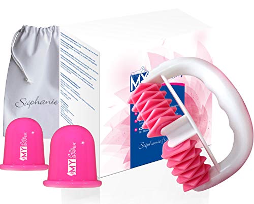 Stephanie Franck Beauty Set AntiCelulitica1 - con Masajeador Body Roller, Ventosas adelgazantes S + L y funda de algodón (rosa)