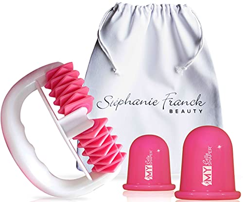 Stephanie Franck Beauty Set AntiCelulitica1 - con Masajeador Body Roller, Ventosas adelgazantes S + L y funda de algodón (rosa)