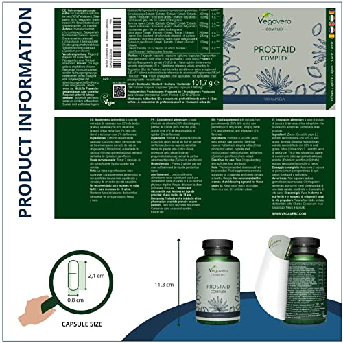 Suplemento para Próstata Vegavero® | 100% Vegetal & Libre de Aditivos | Saw Palmetto con 80% Ácidos Grasos + Ortiga Verde + Calabaza + Epilobium Parviflorum | 180 Cápsulas | Vegano