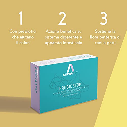 Suprapet, Probiostop Probióticos Perros y Gatos para la flora bacteriana del intestino 30 comprimidos - Alimento complementario con harina de algarroba, inulina, pectina, levadura, MOS y baobab