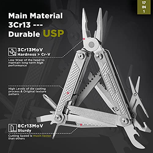 Swiss+Tech Alicate Multiuso 17 en 1, Navaja Multiusos, de Acero Inoxidable, Multiherramienta,Alicates Plegables, Multifunción con Alicates, Navaja, Sierra para Acampada, Caza, Senderismo,etc