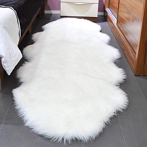 SXYHKJ Alfombra De Piel De Conejo Artificial,Antideslizante Lujosa Suave Lana Artificial Alfombra para salón Dormitorio baño sofá Silla cojín (60X160CM, Blanco)