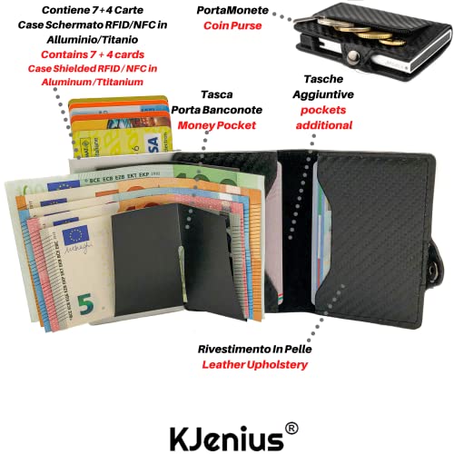 Tarjeteros para Tarjetas De Credito Carteras Hombre Pequeña Protegida En Cuero Y Fibra De Carbono Caja Aluminio Protección contra El RFID NFC Monedero Slim Vertical + llaveros Originales Organizador