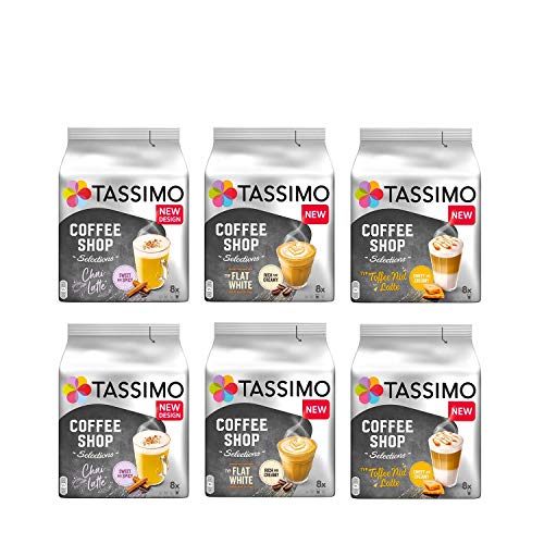 Tassimo Coffee Shop Selections Coffee Bundle - Tassimo Coffee Shop Chai Latte/Typ Flat White/Typ Toffee-Nut Latte - 6 Paquetes (48 Porciones)