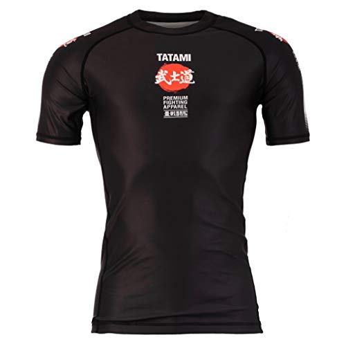 Tatami Fightwear Bushido Black Short Sleeve Rash Guard Men's Camisa de Compresión Hombre MMA BJJ Fitness Artes Marciales Boxeo Grappling No Gi