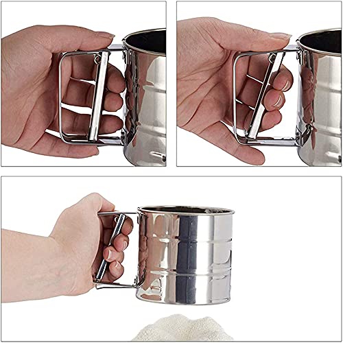 Taza Tamizadora de Harina de Acero, Tamiz de Harina Semiautomático, Taza de Harina de Manivela, Tipo de Presión Manual de Acero Inoxidable Semiautomático Taza para Masa Casera, Pasteles (Plata)