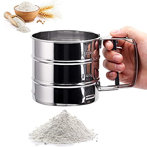 Taza Tamizadora de Harina de Acero, Tamiz de Harina Semiautomático, Taza de Harina de Manivela, Tipo de Presión Manual de Acero Inoxidable Semiautomático Taza para Masa Casera, Pasteles (Plata)