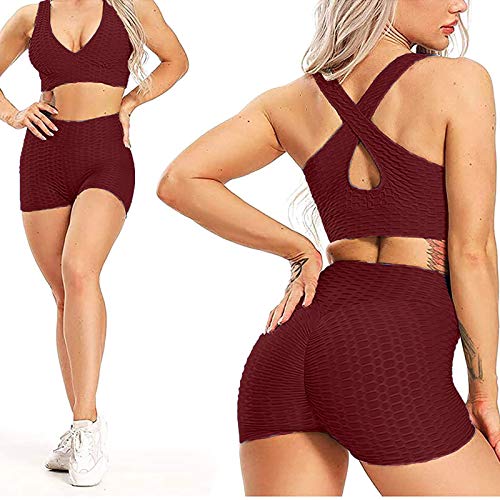 TDEOK Pantalones cortos de yoga para mujer, pantalones cortos de deporte para mujer, estrechos, push up, pantalones de fitness, gimnasio, verano, celulitis, pantalones de deporte, monocolor, Vino, XL