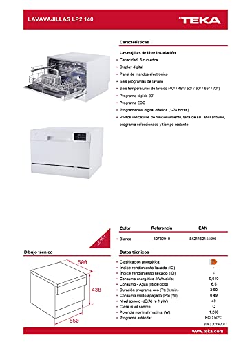 Teka | Lavavajillas Compacto | 45 cm de Ancho | 6 Programas de lavado | 6 Temperaturas | Acabado en Blanco