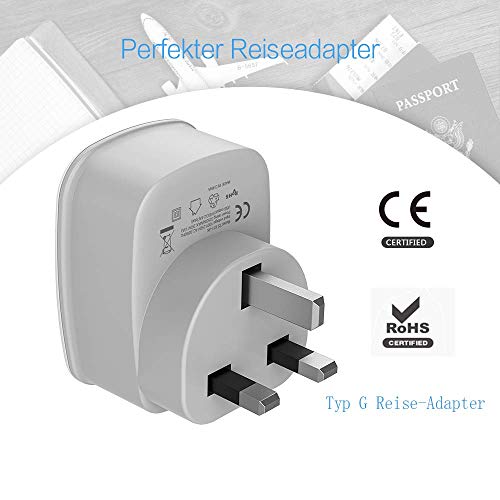 TESSAN 3 Paquetes Adaptador Enchufe Ingles UK Inglaterra Adaptador de Viaje con 2 USB (2.4A), Español 2 Patas Europa hacia 3 Patas Reino Unido RU para Irlanda Escocia Britanico （Tipo G） Blanco