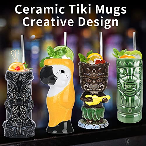 Tiki - Juego de 4 vasos para cócteles y tazas de cerámica tropicales hawaianas Tiki fiesta creativa para cócteles de cristal, gran barra, de primera calidad, tropical, lindo, 4 paquetes de regalo