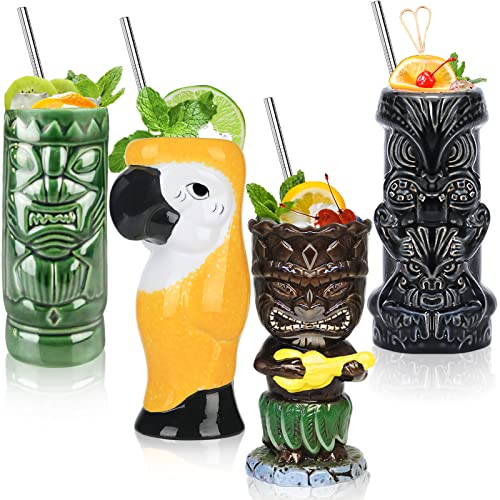 Tiki - Juego de 4 vasos para cócteles y tazas de cerámica tropicales hawaianas Tiki fiesta creativa para cócteles de cristal, gran barra, de primera calidad, tropical, lindo, 4 paquetes de regalo