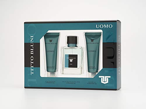 TITTO BLUNI - Uomo, Estuche Regalo de Hombre, Pack de 3 (Perfume 75 ml + Gel de Baño 75 ml + After Shave Bálsamo Hombre 75 ml)