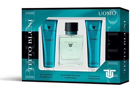 TITTO BLUNI - Uomo, Estuche Regalo de Hombre, Pack de 3 (Perfume 75 ml + Gel de Baño 75 ml + After Shave Bálsamo Hombre 75 ml)