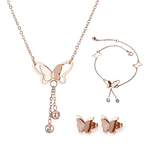 TOFBS Juego de aretes de mariposa y collar con anillo de acero inoxidable para mujer, circonita cúbica, acabado mate, lindos conjuntos de joyas para mujeres y niñas, gran cumpleaños, graduación