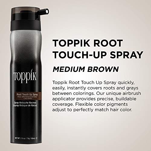 Toppik Spray Retoca Raíces Castaño Medio, Cubre de Forma Instantánea las Raíces y las Canas sin Apelmazar el Cabello 98 ml