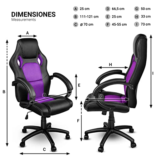 TRESKO Silla giratoria de oficina Sillón de escritorio Racing disponible en 14 colores, bicolor, silla Gaming ergonómica, cilindro neumático certificado por SGS (Negro/Púrpura)