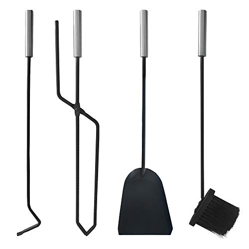 UISEBRT Utensilios para chimenea de acero inoxidable, moderno juego de cubiertos para chimenea, 5 piezas: soporte de acero inoxidable con protección visual, pinzas, atizador y pala para cenizas.