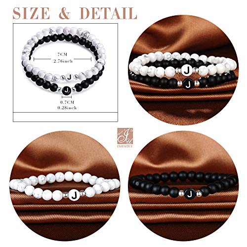 Unendlich U- Nombre Pulsera de Amistad Hecha de Piedras Naturales con Cuentas de Letras de J, Juego de 2 Pulseras para Mujeres Hombre, Color de Negro y Blanco