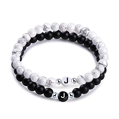 Unendlich U- Nombre Pulsera de Amistad Hecha de Piedras Naturales con Cuentas de Letras de J, Juego de 2 Pulseras para Mujeres Hombre, Color de Negro y Blanco