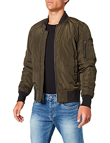 Urban Classics Cazadora de Hombre Chaqueta Bomber de Estilo Urbano, en Verde Oliva con Cuello, Cintura y Puños Negros a Contraste, Cierre con Cremallera, darkolive/Black, M