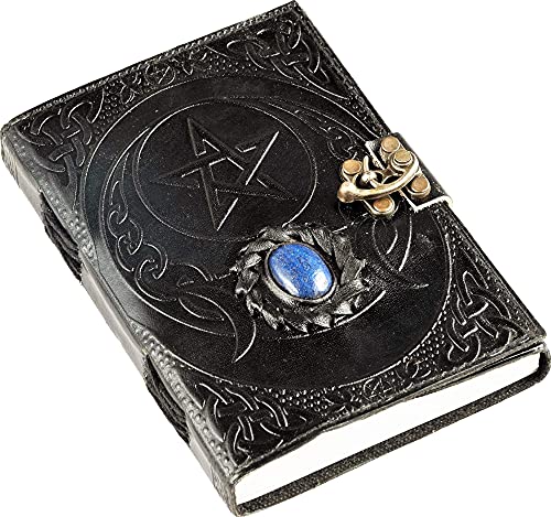 Urban Leather Lapiz Gemstone Studded 3 Moon Celtic Star Diario negro para artista, cuaderno de recortes, cuaderno de escritura, sin forro