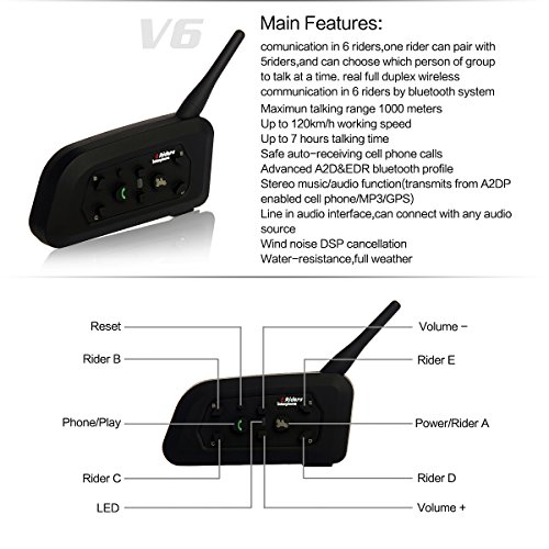 V6 1200M Auriculares Intercomunicador Casco Moto Bluetooth para Motocicletas, Comunicador Auricular para Casco, Interfono Duplex, Intercomunicacion Entre 6 Motociclistas, IPX5 Impermeabilidad