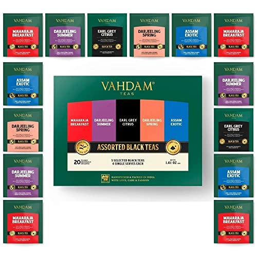 VAHDAM, Surtidos Té Negro- 20 Bolsitas de Té | 2 Raciones de 5 Tés | Desayuno Inglés, Darjeeling, Assam, Earl Grey Tea | El Mejor Juego de Regalo de Té | Surtido te Infusiones Regalo