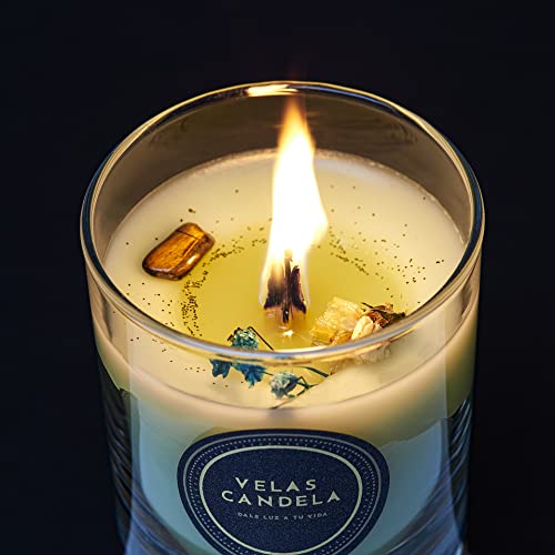 Velas Candela - Vela Aromática Perfumada con Aroma y Aceites Esenciales de jazmín - Elaborada Artesanalmente con Cera natural - Ritual completo de consciencia para definir y alcanzar tus objetivos