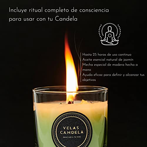 Velas Candela - Vela Aromática Perfumada con Aroma y Aceites Esenciales de jazmín - Elaborada Artesanalmente con Cera natural - Ritual completo de consciencia para definir y alcanzar tus objetivos