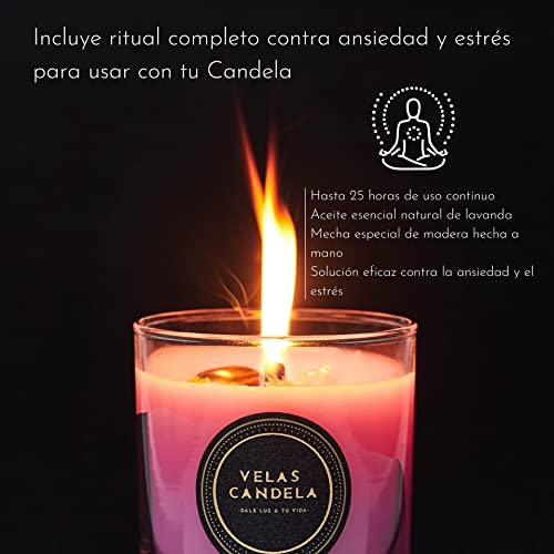 Velas Candela - Vela Aromática Perfumada con Aroma y Aceites Esenciales de lavanda - Elaborada Artesanalmente con Cera natural - Ritual completo contra la ansiedad y el estrés