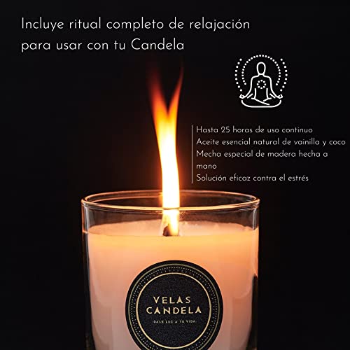 Velas Candela - Vela Aromática Perfumada con Aroma y Aceites Esenciales de vainilla y coco - Elaborada Artesanalmente con Cera natural - Ritual completo de relajación