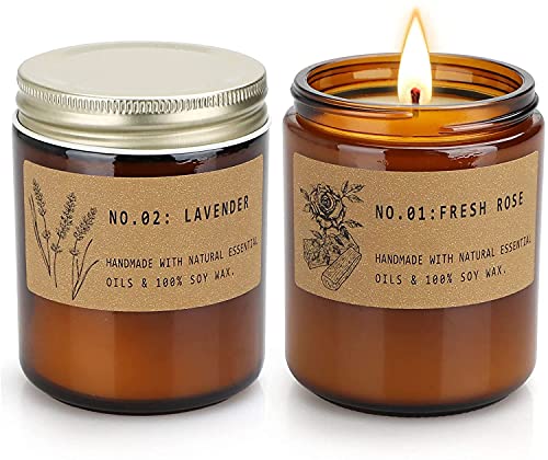 Velas perfumadas de aromaterapia para el hogar, velas de soja de tarro de larga duración, velas de relajación, juego de regalo para mujeres, lavanda y rosa fresca, paquete de 2.