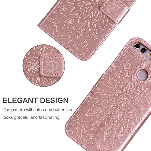 VemMore Funda para Huawei P Smart Carcasa Libro con Tapa Flip Folio Case de PU Cuero Silicona Soporte Plegable Ranuras Tarjetas y Billetera Magnético Ultra-Delgado Cover Flor Girasol - OroRosa