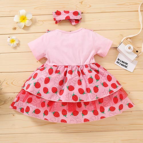 Vestido Casual Verano y Diadema de Lazo para Bebé Niña Vestido de Princesa de Manga Corta con Estampado de Fruta Flor Vestido de Línea A de Niña Pequeña para Fiesta Cumpleaños (Fresa, 9-12 Meses)