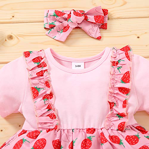 Vestido Casual Verano y Diadema de Lazo para Bebé Niña Vestido de Princesa de Manga Corta con Estampado de Fruta Flor Vestido de Línea A de Niña Pequeña para Fiesta Cumpleaños (Fresa, 9-12 Meses)