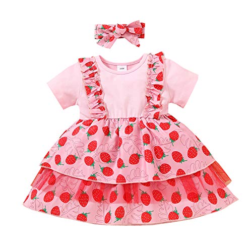 Vestido Casual Verano y Diadema de Lazo para Bebé Niña Vestido de Princesa de Manga Corta con Estampado de Fruta Flor Vestido de Línea A de Niña Pequeña para Fiesta Cumpleaños (Fresa, 9-12 Meses)