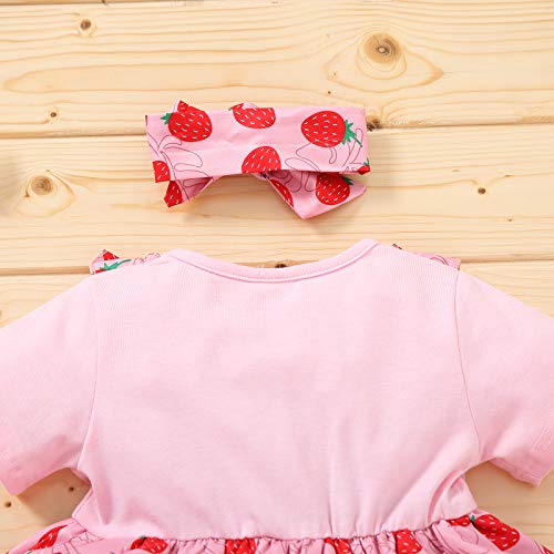 Vestido Casual Verano y Diadema de Lazo para Bebé Niña Vestido de Princesa de Manga Corta con Estampado de Fruta Flor Vestido de Línea A de Niña Pequeña para Fiesta Cumpleaños (Fresa, 9-12 Meses)