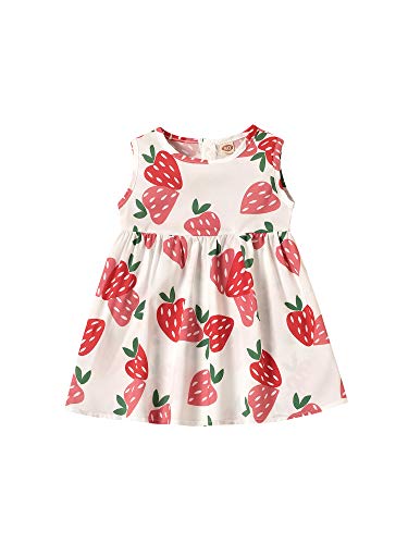 Vestido sin mangas de verano de una pieza para niñas pequeñas, estampado de frutas dulces en la parte posterior botones de una línea de princesa DressInfant Girls Party Dress, Fresa, 6-7 Años