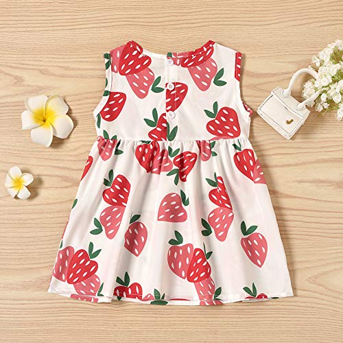 Vestido sin mangas de verano de una pieza para niñas pequeñas, estampado de frutas dulces en la parte posterior botones de una línea de princesa DressInfant Girls Party Dress, Fresa, 6-7 Años